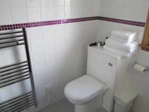 a bathroom with a toilet and a pile of towels at Broomlea in Ardersier