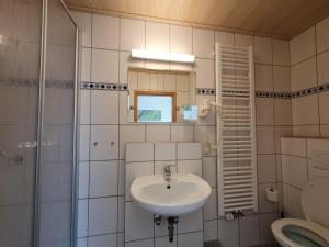 La salle de bains est pourvue d'un lavabo et de toilettes. dans l'établissement Garni Hotel Biebertal am Milseburgradweg, à Hofbieber