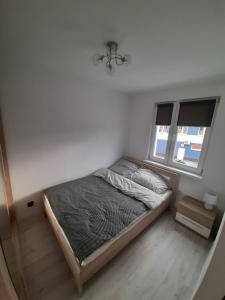a bedroom with a bed and a window at Apartament Ustka in Ustka