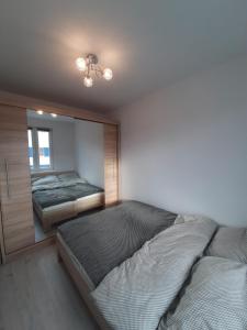 a bedroom with a large bed and a mirror at Apartament Ustka in Ustka