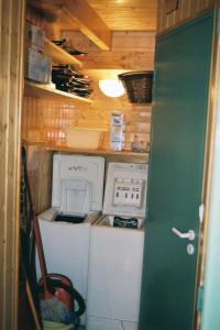 a small kitchen with a stove and a washer and dryer at chalet jennifer in Laveissière