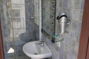 y baño pequeño con lavabo y ducha. en La Piquera Hostal en Córdoba