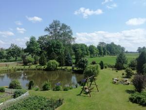a view of a park with a pond at Agroturystyka nad stawem Mazuchówka in Wydminy