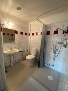 La salle de bains est pourvue de toilettes, d'un lavabo et d'une douche. dans l'établissement Broby Gästgivaregård, à Sunne