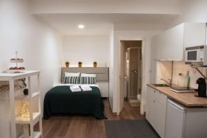 a small bedroom with a bed and a kitchen at Cozy Studio Alvalade in Lisbon