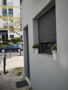 a window of a building with two potted plants on it at Cozy Studio Alvalade in Lisbon