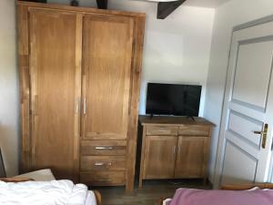 1 dormitorio con TV y armario de madera en Kleine Ferienwohnung bei Kappeln an der Schlei, en Kappeln