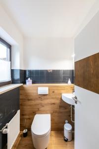 La salle de bains est pourvue de toilettes blanches et d'un lavabo. dans l'établissement Chalet Annemarie Hohenschwangau, à Hohenschwangau