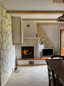 ein Wohnzimmer mit einem Kamin und einem Tisch in der Unterkunft BAITA LINDA in Torcegno