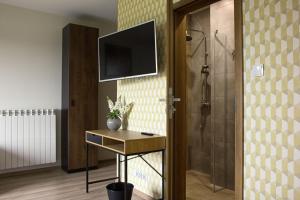 a bathroom with a shower and a television on the wall at Barwald Hills in Wadowice