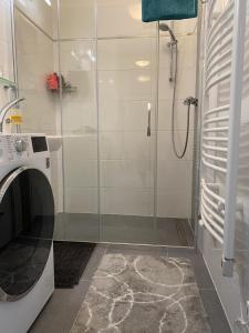ヴルフラビーにあるDeluxe apartmán Liščí kopecのバスルーム(シャワー付)の洗濯機が備わります。