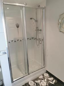 a shower with a glass door in a bathroom at DRYSTONES in Sidmouth