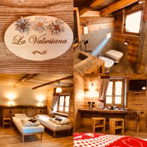 un collage de fotos de una habitación en una cabaña de madera en Ospitalità rurale familiare Land Wasser, en Varallo