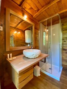 a bathroom with a sink and a shower at La Bastide Du Bois Breant in Maubec