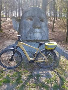 una bicicletta parcheggiata di fronte a una statua della testa di Hotel "Woiler Hof" garni a Eslohe