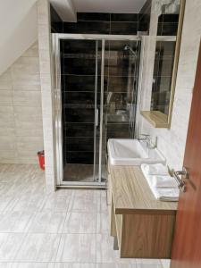 a bathroom with a sink and a shower at Szabó Lux Apartman in Sárvár