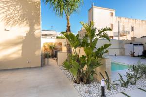 a courtyard of a house with a pool and palm trees at Fior di Lino Rooms in San Vito lo Capo