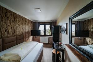 a bedroom with a large bed and a mirror at RobrookS Hotel Garni in Hiddenhausen