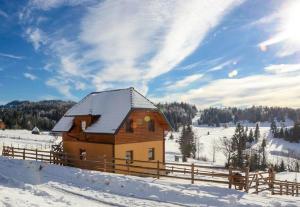 a wooden house in the snow with a fence at VILA PLANINSKI SAN in Sekulić 