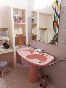 a bathroom with a pink sink and a mirror at Aux Portes du Château in Valençay +18 photos