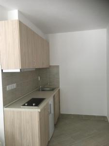 a kitchen with wooden cabinets and a sink at Apartmanhotel Baraton*** in Balatonfüred