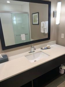 a bathroom with a sink and a large mirror at La Quinta by Wyndham Hattiesburg - I-59 in Hattiesburg