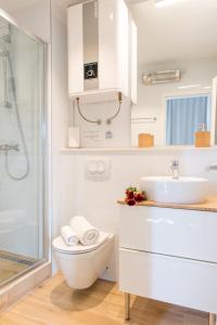 La salle de bains est pourvue de toilettes, d'un lavabo et d'une douche. dans l'établissement Wind Rose Split, à Split