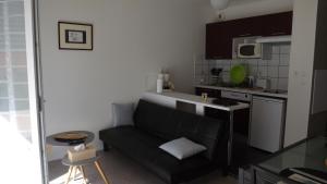 uma sala de estar com um sofá preto numa cozinha em Appartement T2 ,parking privé,terrasse, 10 mns à pieds de la cité corsaire et ses plages em Saint Malo