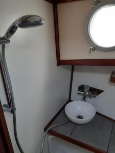 a bathroom with a sink and a mirror at Privé B&B Motorsailer Rataplan in Kamperland