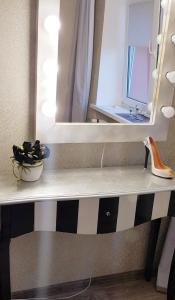a bathroom with a counter with a mirror and a sink at Taikos apartment in Klaipėda