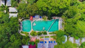 an overhead view of a swimming pool in a resort at Chan-Kah Resort Village Convention Center & Maya Spa in Palenque
