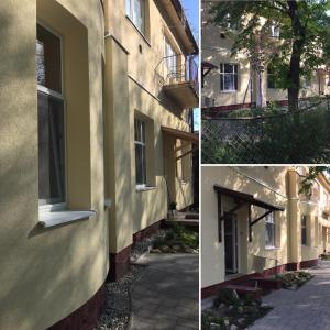 dos fotos de un edificio con ventana y acera en Régimódi Apartman, en Siófok