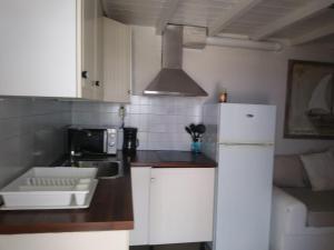 eine Küche mit einem weißen Kühlschrank und einer Mikrowelle in der Unterkunft PEQUEÑA CASA CERCA DE MIKONOS CIUDAD in Mykonos Stadt