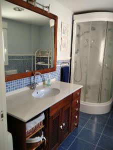 uma casa de banho com um lavatório e um chuveiro em apartamento lahuerta em Bronchales
