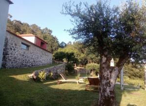 a garden with a tree and a bench and a building at Quinta Da Ribeira in Ponte de Lima