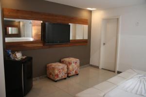 uma sala de estar com um sofá e uma televisão de ecrã plano em Motel Hollywood em Salvador