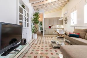 sala de estar con TV de pantalla plana grande en Casa Palacio MoMa - Centro - Parking opcional, en Jerez de la Frontera