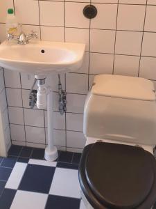 a bathroom with a toilet and a sink at Lilla Kari in Varberg