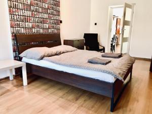 sypialnia z łóżkiem i dużą ścianą z książkami w obiekcie Main Square Apartment w Krakowie