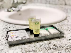 a tray with two products on a bathroom counter with a sink at Gatlinburg View Lodge in Gatlinburg