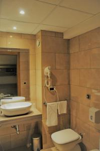 een badkamer met een wastafel, een toilet en een spiegel bij Roma Domus Hotel in Ponzano Romano