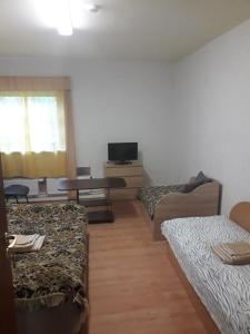 a room with two beds and a table with a television at Ginto svetingi namai in Vilnius