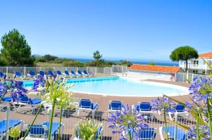 une grande piscine avec des chaises bleues et des fleurs violettes dans l'établissement Appartements front de Mer SABLES D'OLONNE, à Les Sables-dʼOlonne