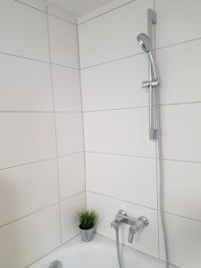 a shower in a white tiled bathroom with a plant at Pilgrims "Elfriede"- freundliche Unterkunft in Remblinghausen +23 photos