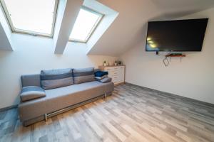 Televízia a/alebo spoločenská miestnosť v ubytovaní Apartament Nad Jeziorem Mikołajki