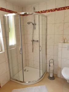 a shower with a glass door in a bathroom at Haus Marianne in Weilheim