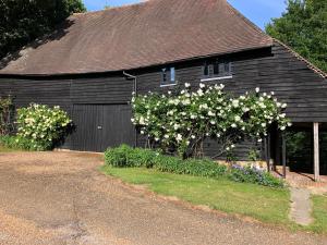 a black barn with white flowers in front of it at Paul's Farmhouse in Hawkhurst