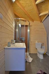 a bathroom with a sink and a toilet at Slowly Glamping Osada Nad Wodą in Łazy