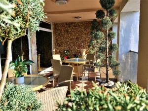 a patio with a table and chairs and trees at Európa Panzió in Mátészalka