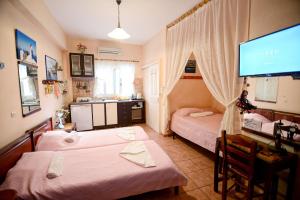 a room with two beds and a flat screen tv at Ikaria Studios in Manganítis